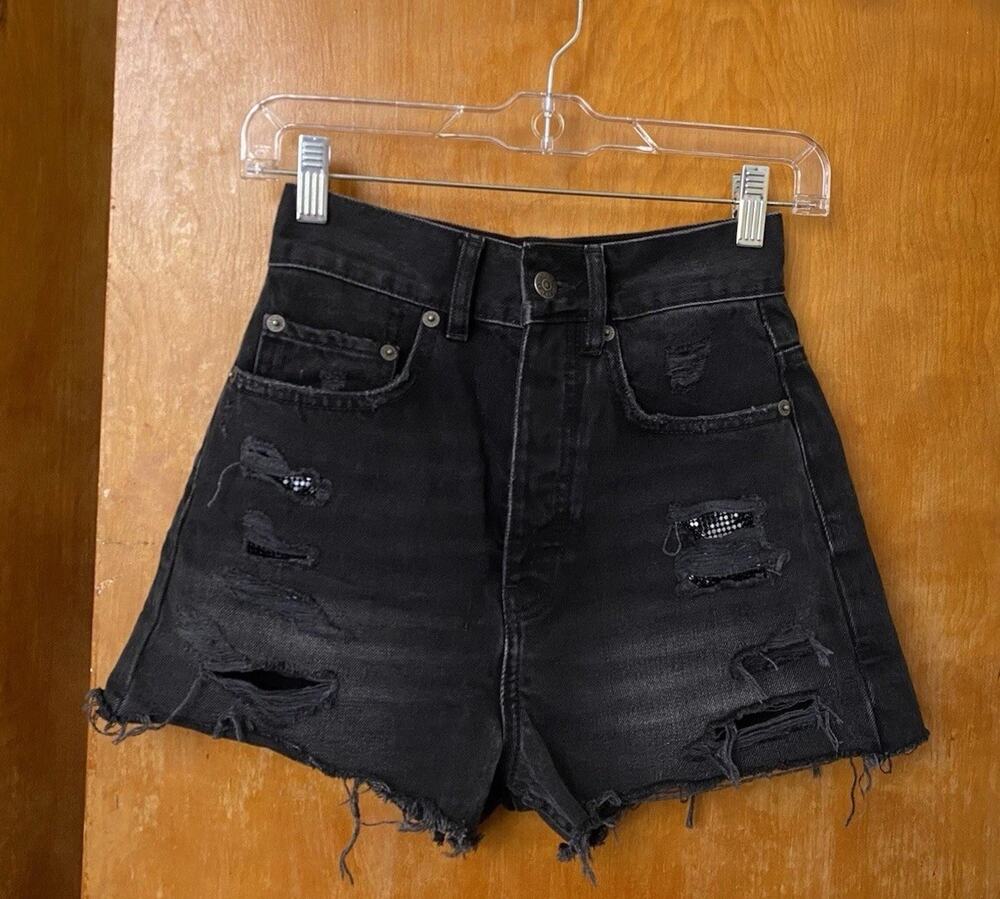 THE KOOPLES black Denim Distressed Studded Shorts Festival Indie Sleaze Size 1